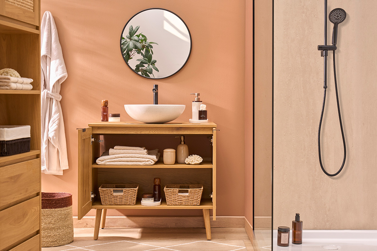 Mobiletto da bagno finitura legno chiaro, intreccio in rattan e metallo nero L80 cm MANILLE