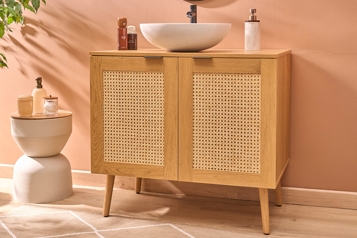 Mobiletto da bagno finitura legno chiaro, intreccio in rattan e metallo nero L80 cm MANILLE