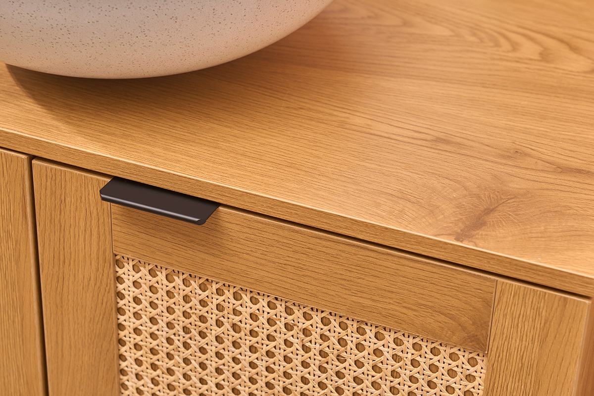 Mobiletto da bagno finitura legno chiaro, intreccio in rattan e metallo nero L80 cm MANILLE