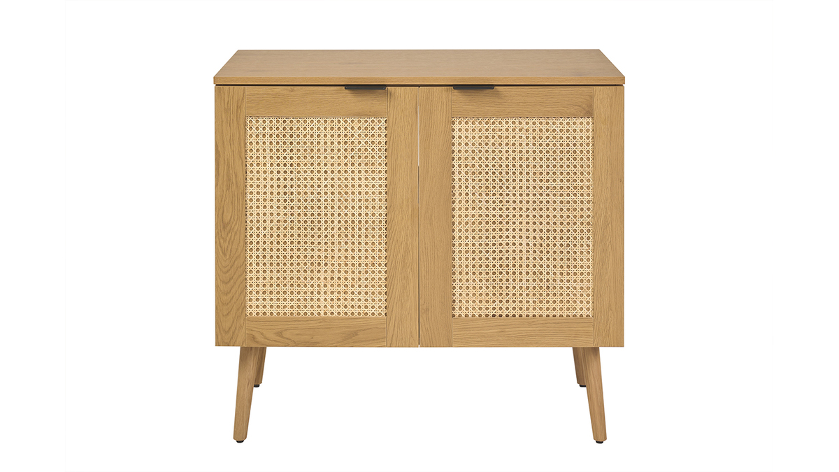 Mobiletto da bagno finitura legno chiaro, intreccio in rattan e metallo nero L80 cm MANILLE