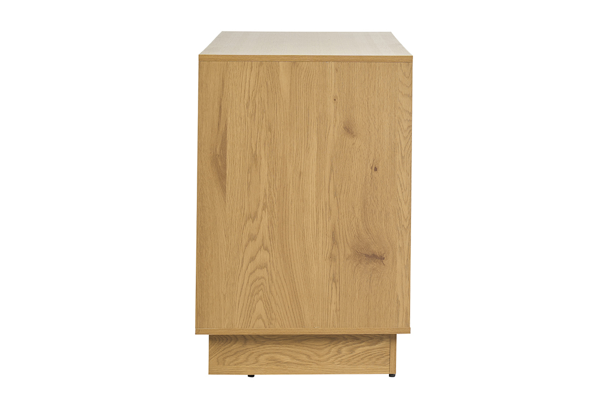 Mobile da bagno in legno chiaro di rovere, vista laterale, con intreccio in rattan.