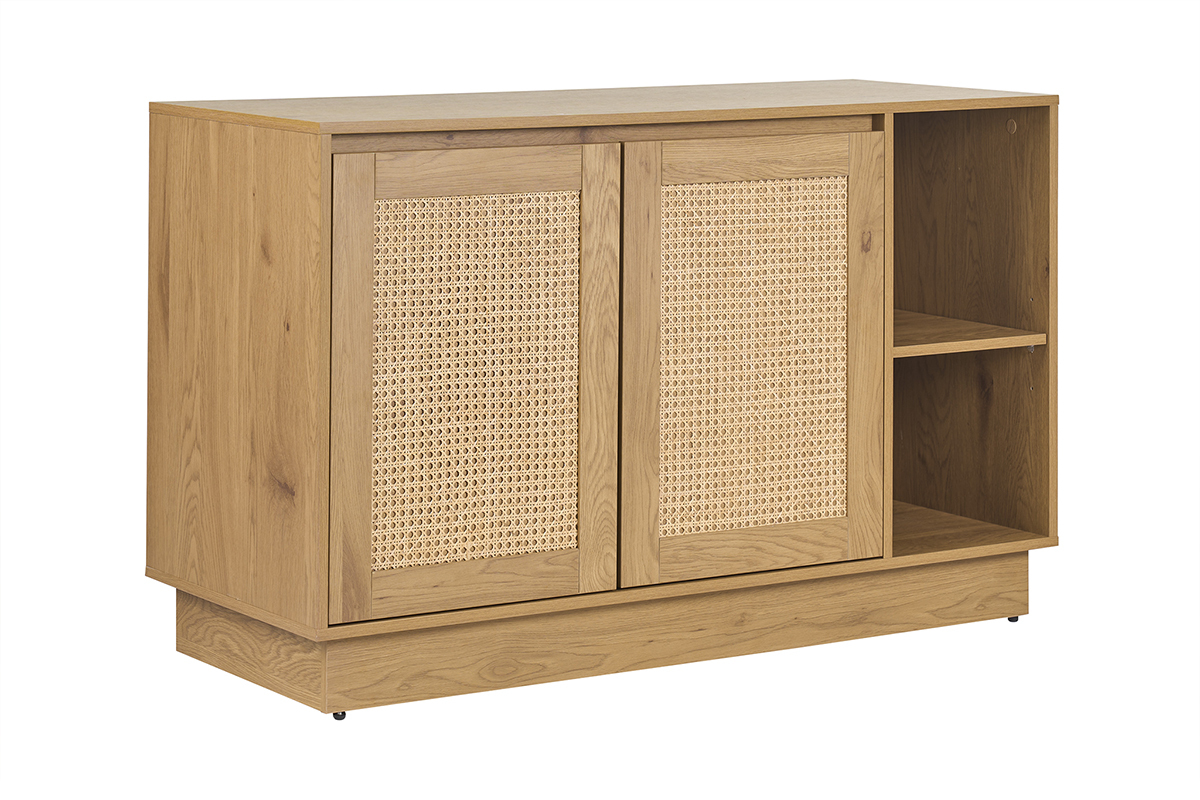 Mobile da bagno in legno chiaro effetto rovere con ante in cannage di rattan, vista a 3/4