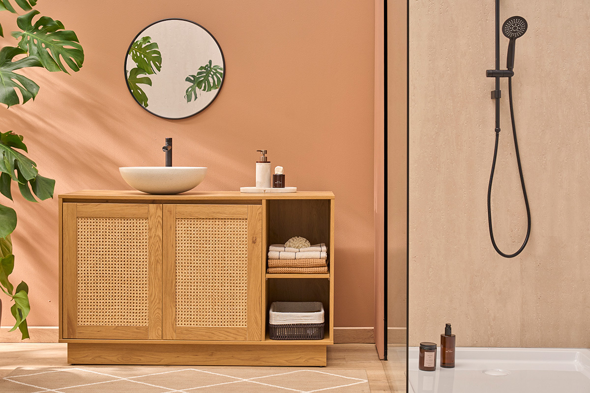 Mobiletto da bagno finitura legno chiaro rovere e intreccio in rattan L120 cm ALICANTE