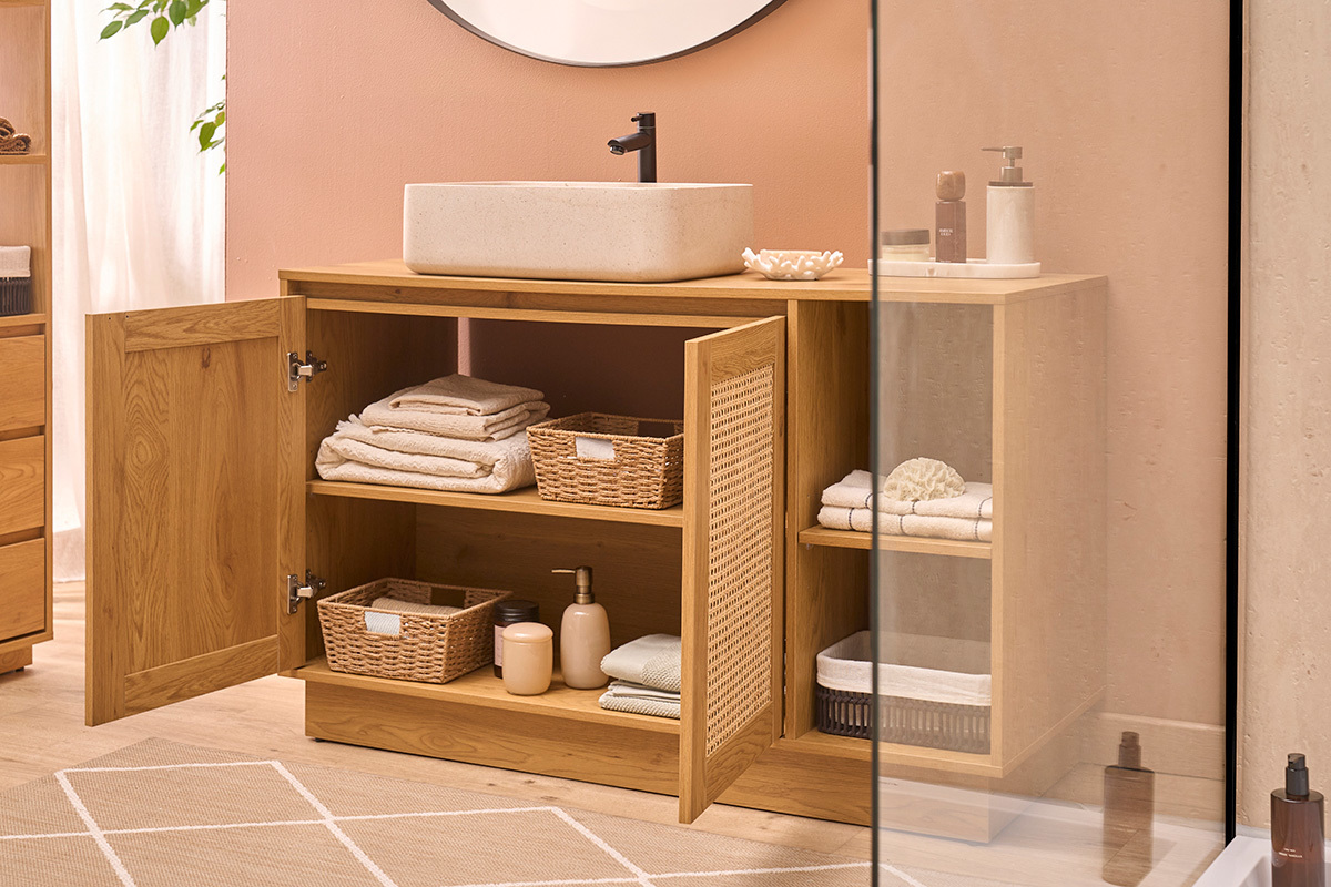 Mobiletto da bagno finitura legno chiaro rovere e intreccio in rattan L120 cm ALICANTE