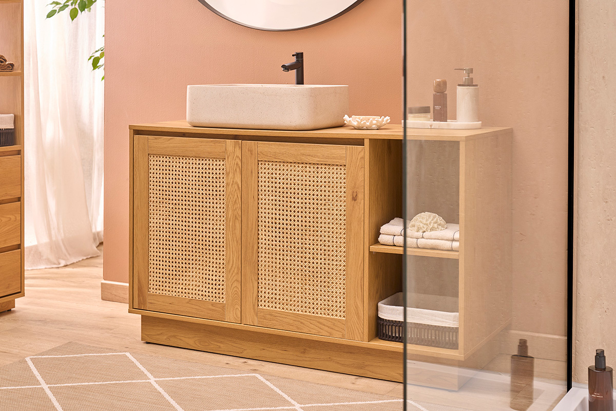 Mobiletto da bagno finitura legno chiaro rovere e intreccio in rattan L120 cm ALICANTE