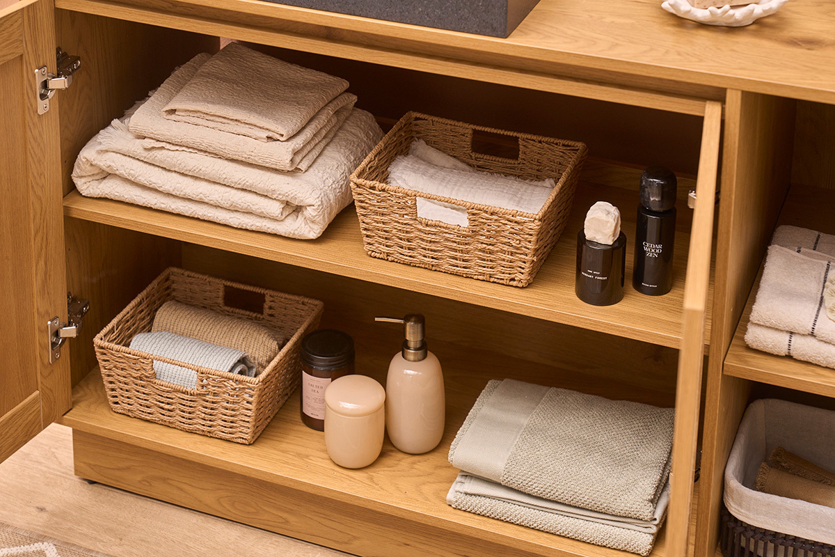 Mobiletto da bagno finitura legno chiaro rovere e intreccio in rattan L120 cm ALICANTE
