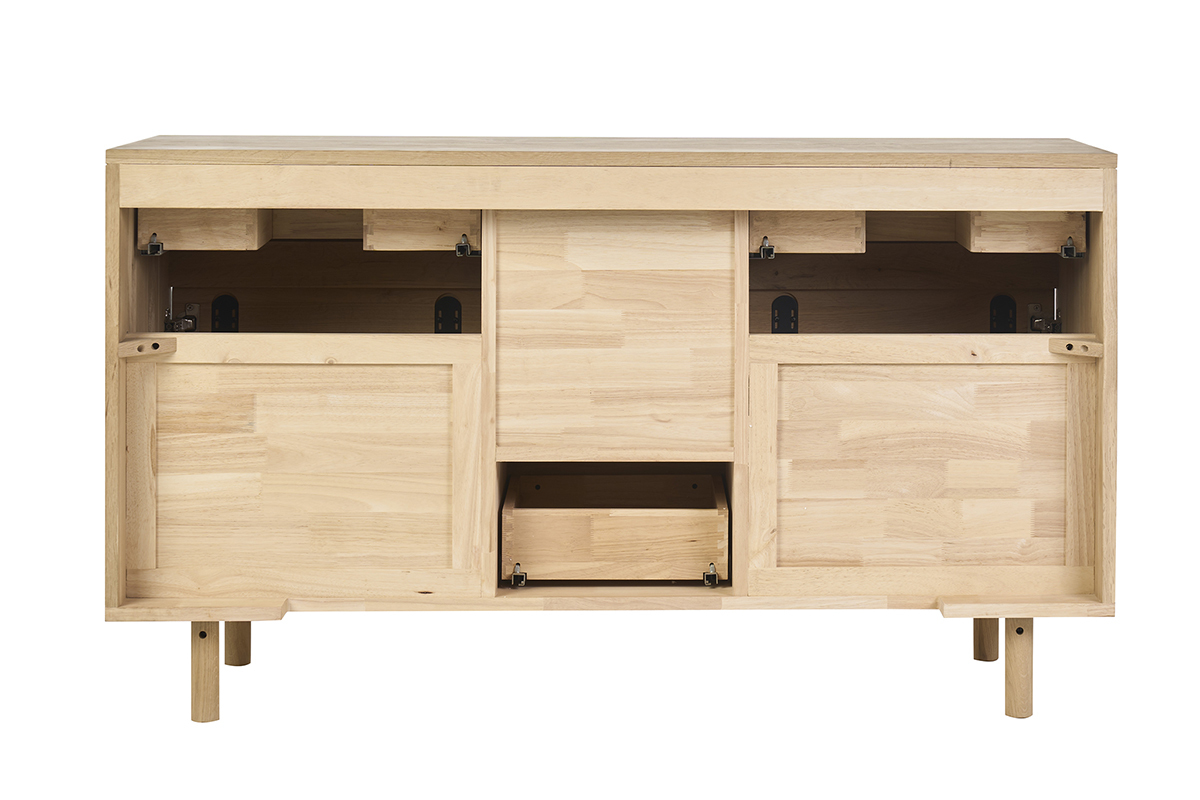 Mobile da bagno in legno chiaro di rovere massiccio, vista posteriore con porte e cassetti aperti