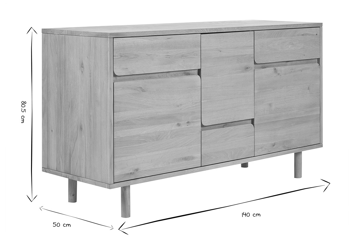 Dimensions du meuble de salle de bain in legno chiaro quercia massello, 140 cm x 50 cm x 80,5 cm, nero e bianco.