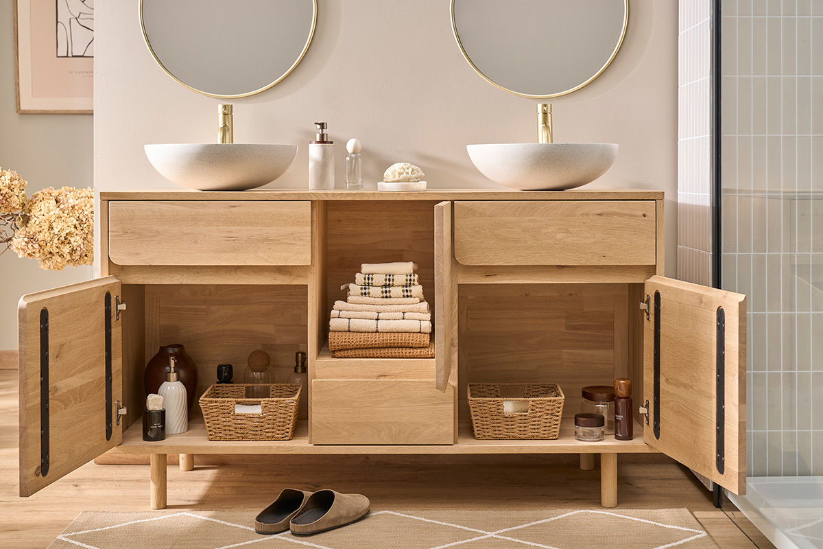 Mobiletto da bagno in legno chiaro rovere massiccio L140 cm SINCLAIR