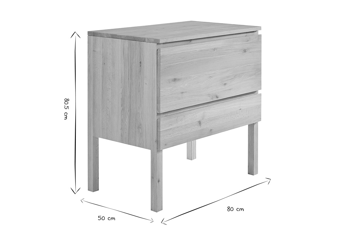 Dimensioni del mobile da bagno in legno massello di rovere, L80 cm, H80,5 cm, P50 cm in bianco e nero.