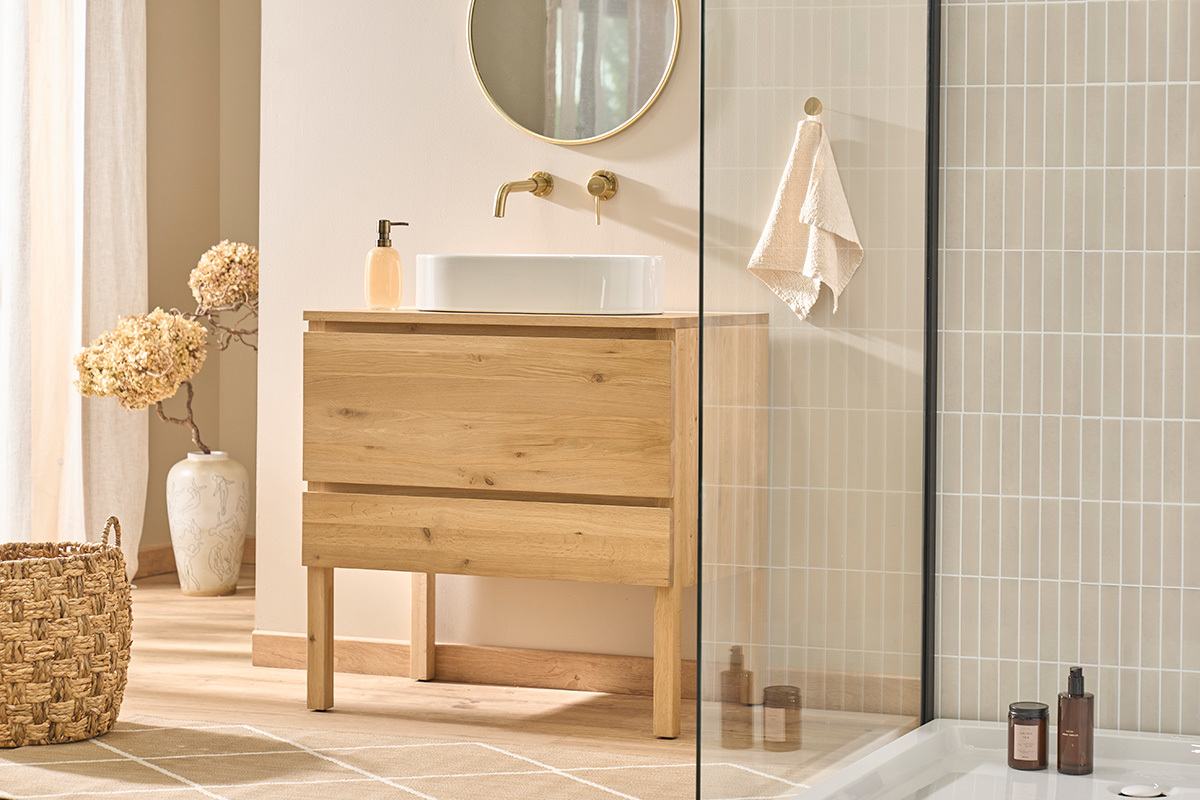 Mobiletto da bagno in legno di rovere massiccio L80 cm JOSHUA