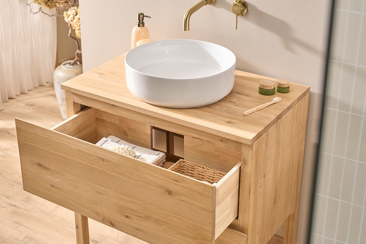 Mobiletto da bagno in legno di rovere massiccio L80 cm JOSHUA