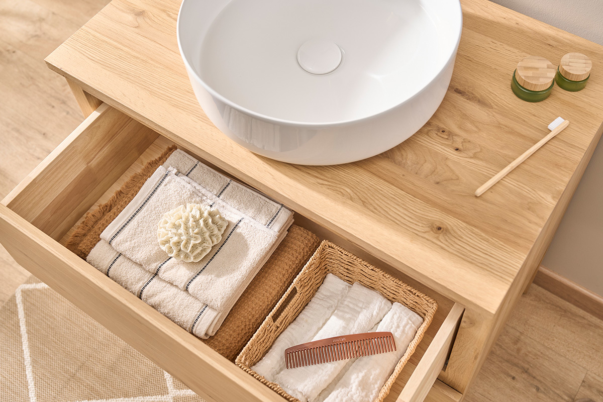 Mobiletto da bagno in legno di rovere massiccio L80 cm JOSHUA