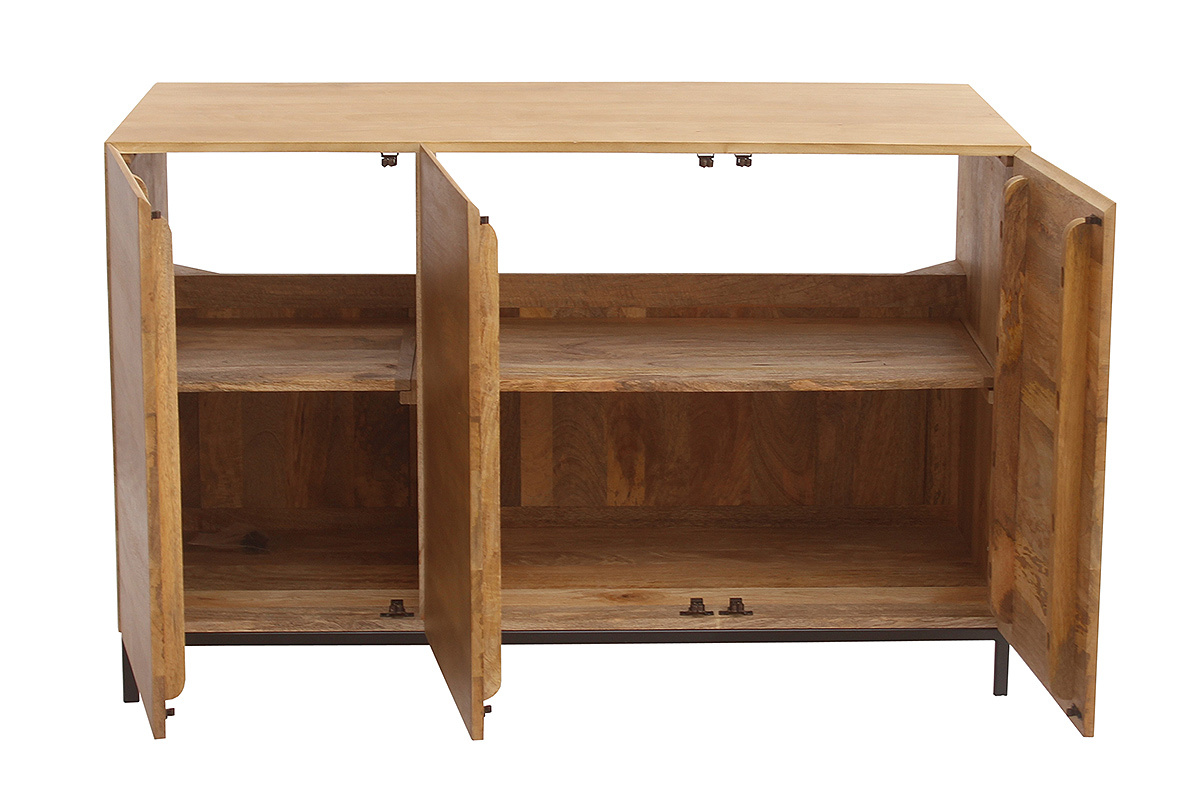 Mobile da bagno in legno massello di mango L120 cm, vista frontale con porte aperte.