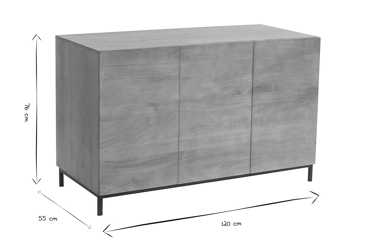 Dimensioni del mobile da bagno in legno massello di mango, L120 cm, H76 cm, P55 cm, in bianco e nero.