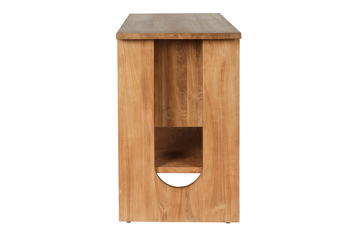 Mobile da bagno in teak massiccio, vista laterale, con un vano aperto.