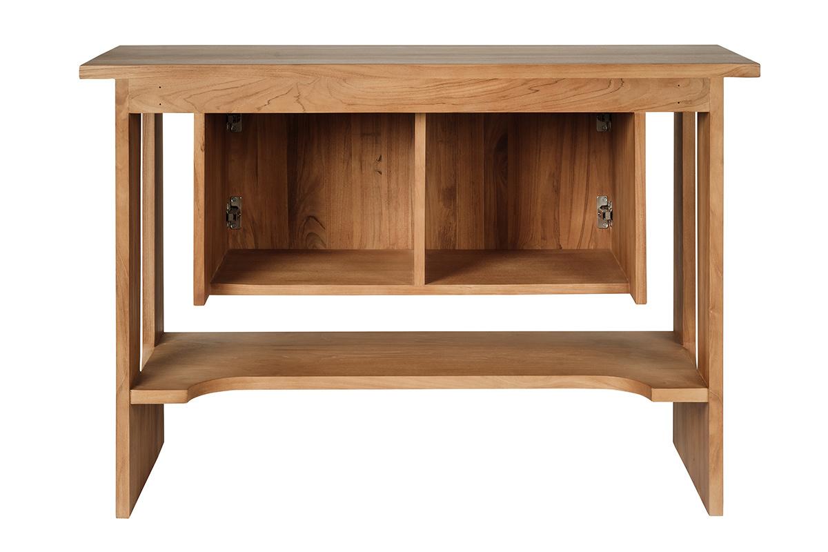 Mobile da bagno in legno massello di teak, vista posteriore, con vani portaoggetti aperti.