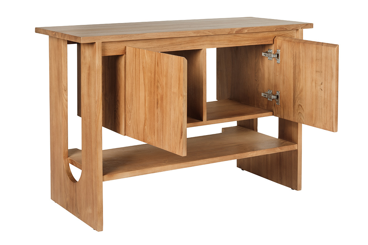 Mobile da bagno in legno massello di teak, vista a 3/4 con 2 ante aperte, spazio di archiviazione visibile.