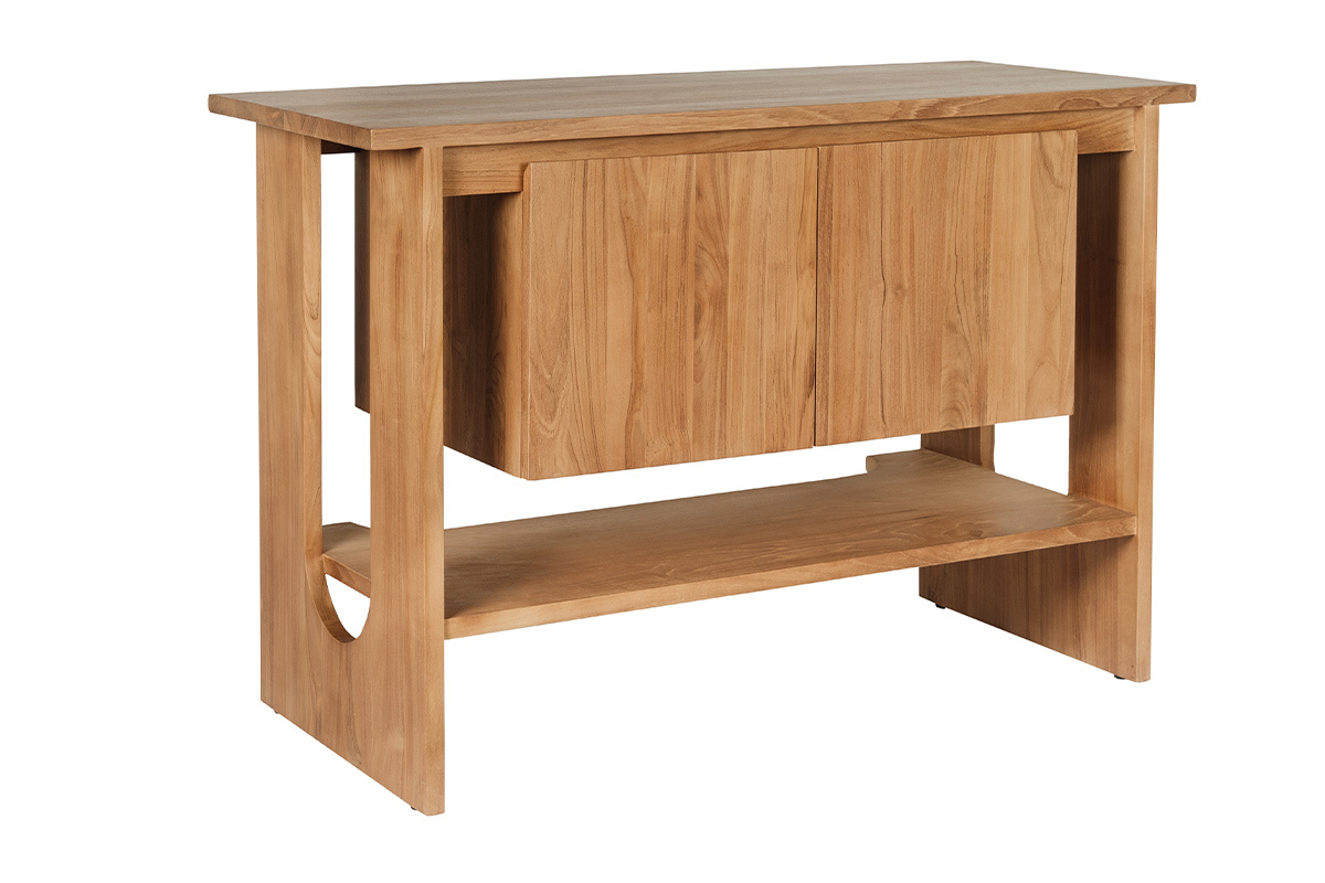 Mobile da bagno in legno massello di teak, frontale con ante, ripiano inferiore, vista 3/4