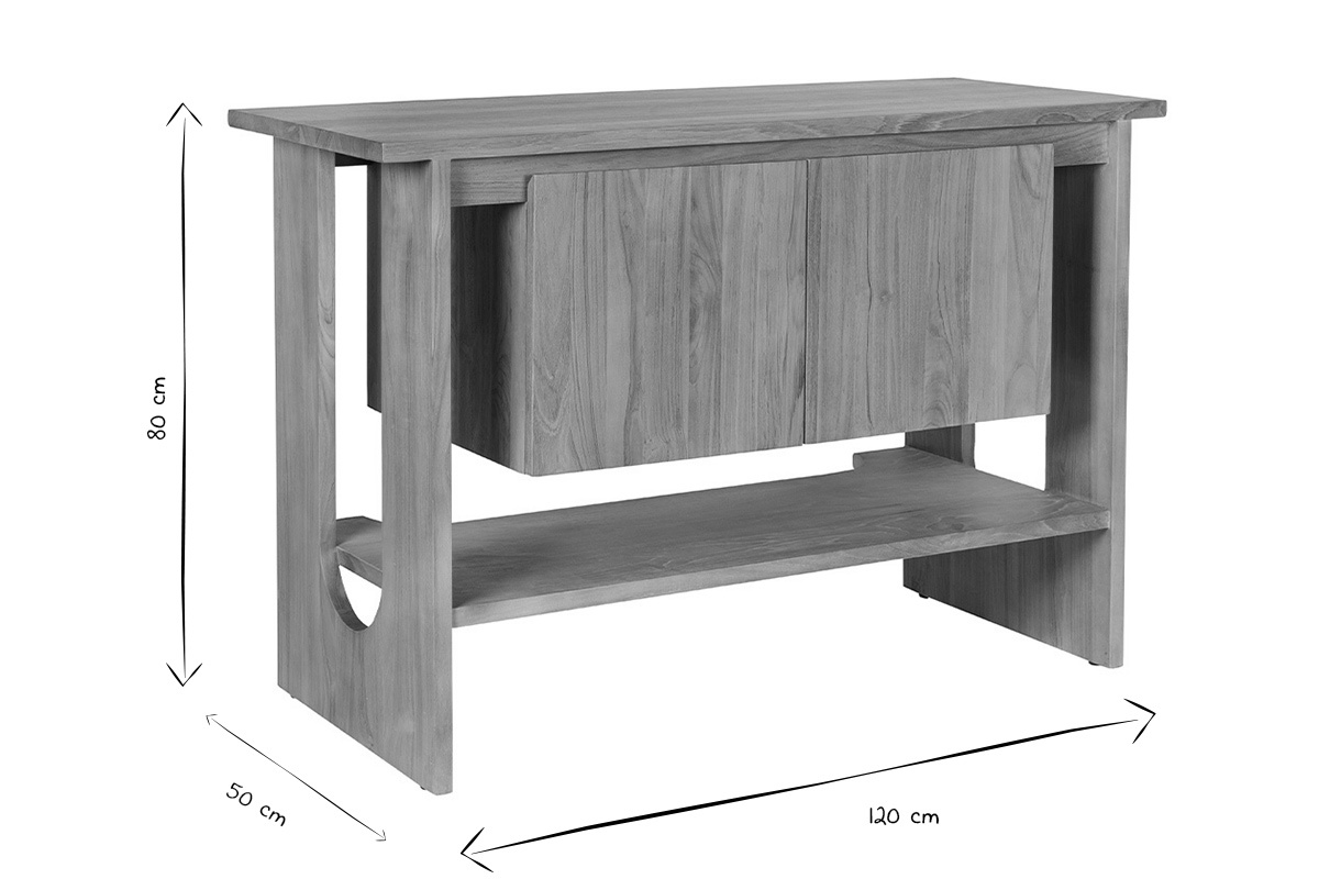 Dimensioni del mobile da bagno in legno massello di teak: L120 x P50 x H80 cm in nero e bianco.