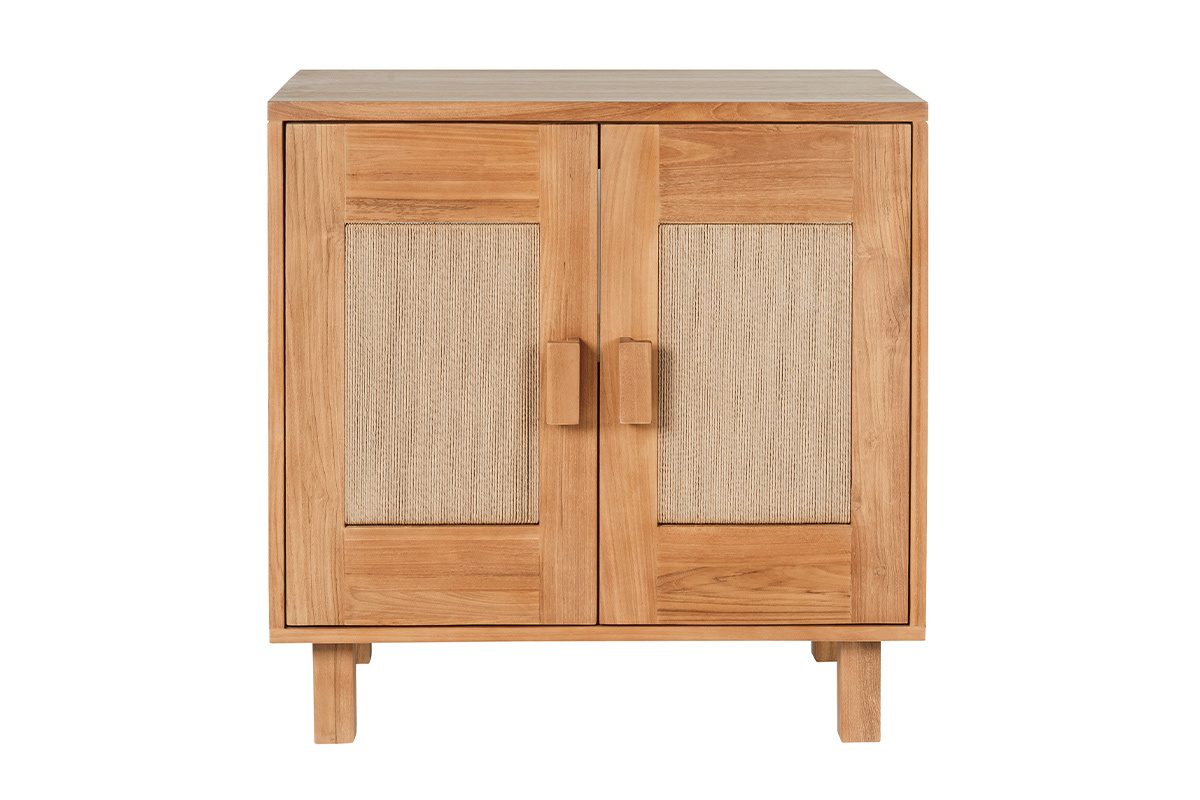 Mobiletto da bagno in legno massello di teak con ante in corda intrecciata, vista frontale.