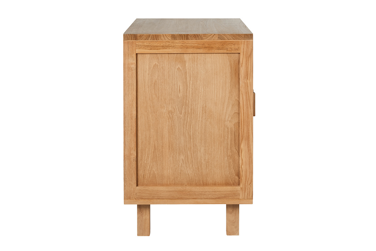 Mobiletto da bagno in legno teak, vista di profilo, ante in corda intrecciata.