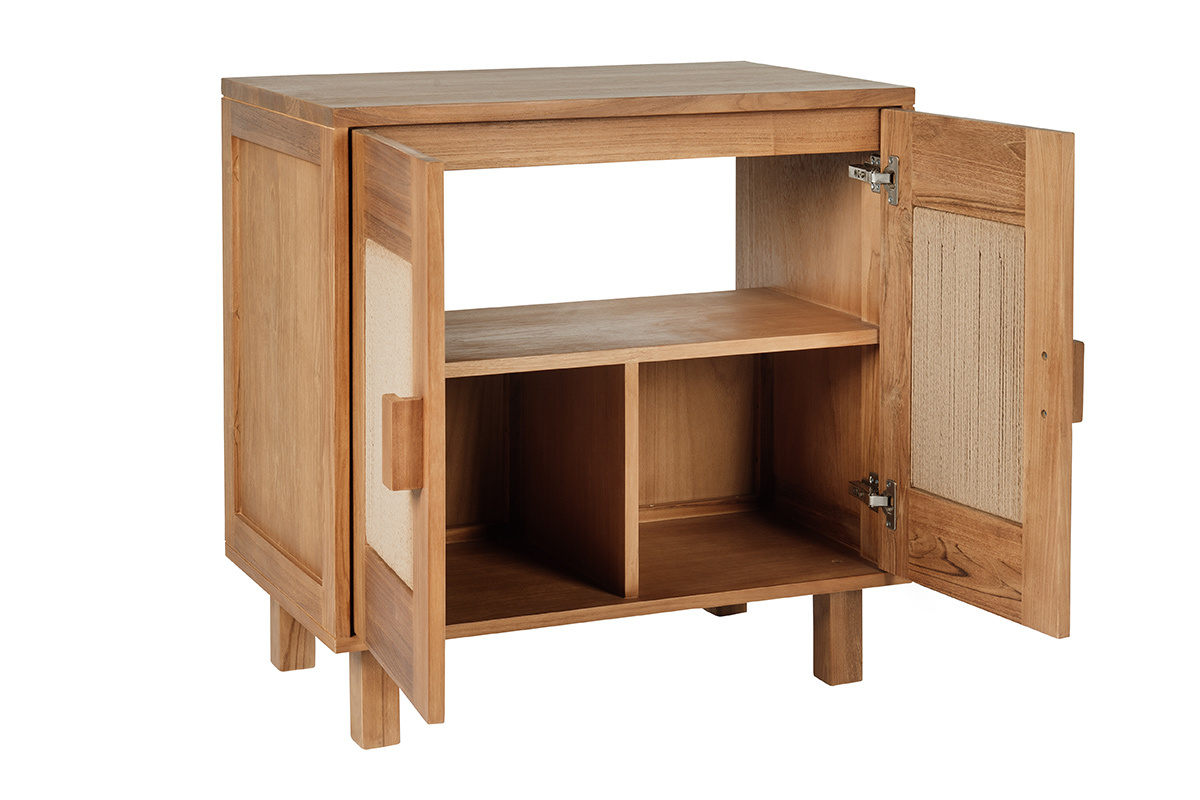 Mobile da bagno in teak massiccio con corda intrecciata, porte aperte, vista a 3/4