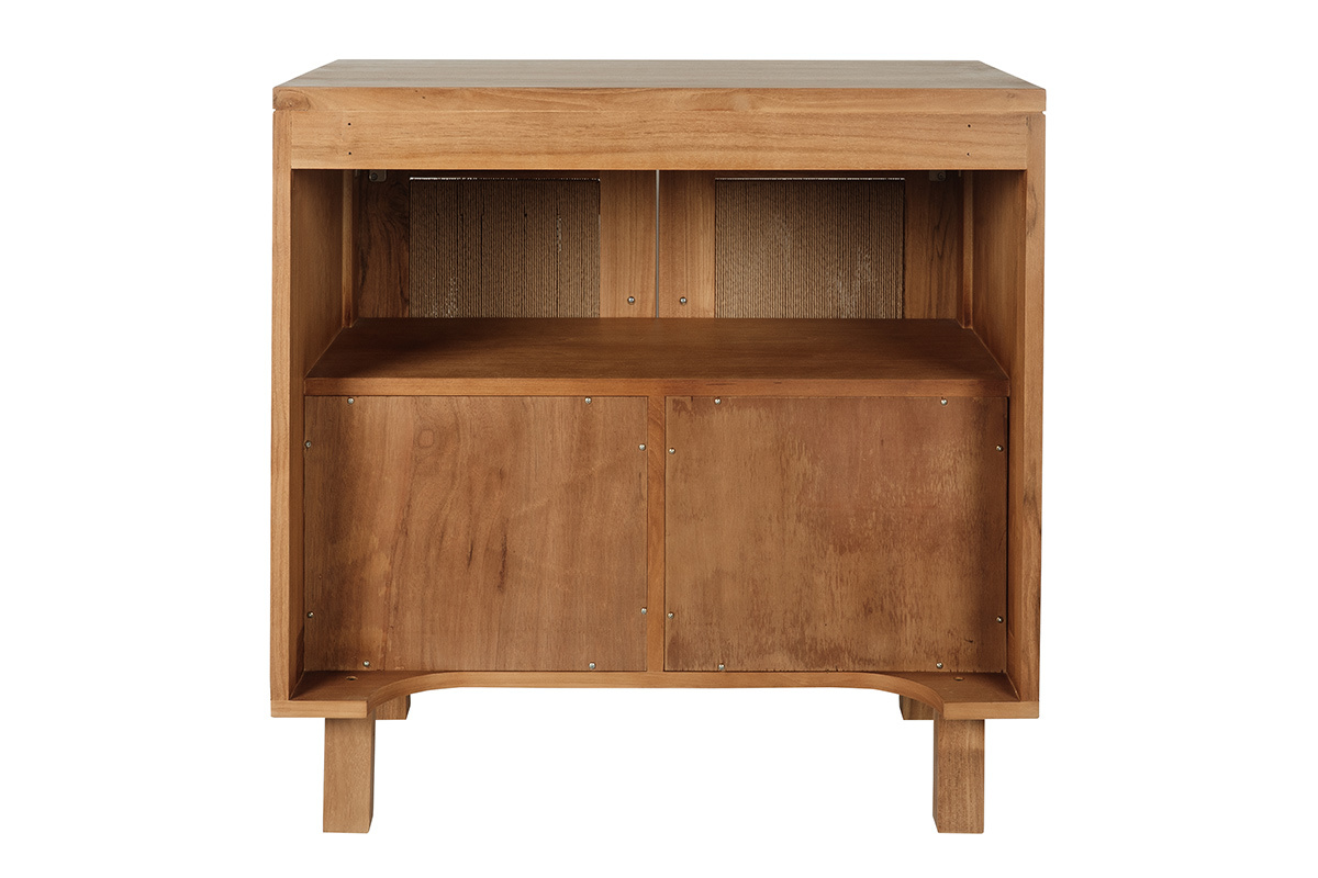 Mobile da bagno in legno massello di teak con corde intrecciate, vista posteriore, che mostra ripiani e ante