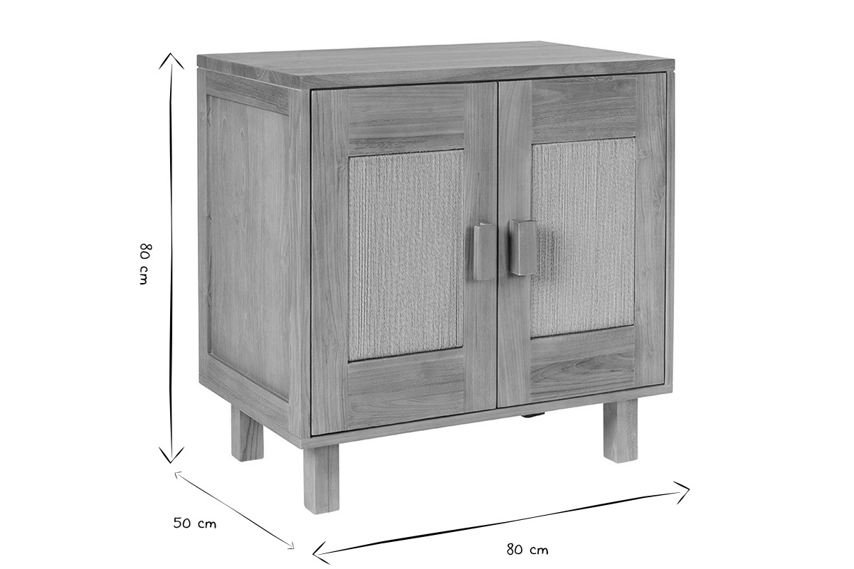 Dimensioni del mobile da bagno in legno di teak: 80 cm di larghezza, 50 cm di profondit�, 80 cm di altezza, in nero e bianco.