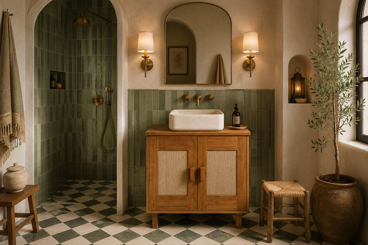 Mobile da bagno in teak massello con corda intrecciata, vista frontale in un bagno moderno.