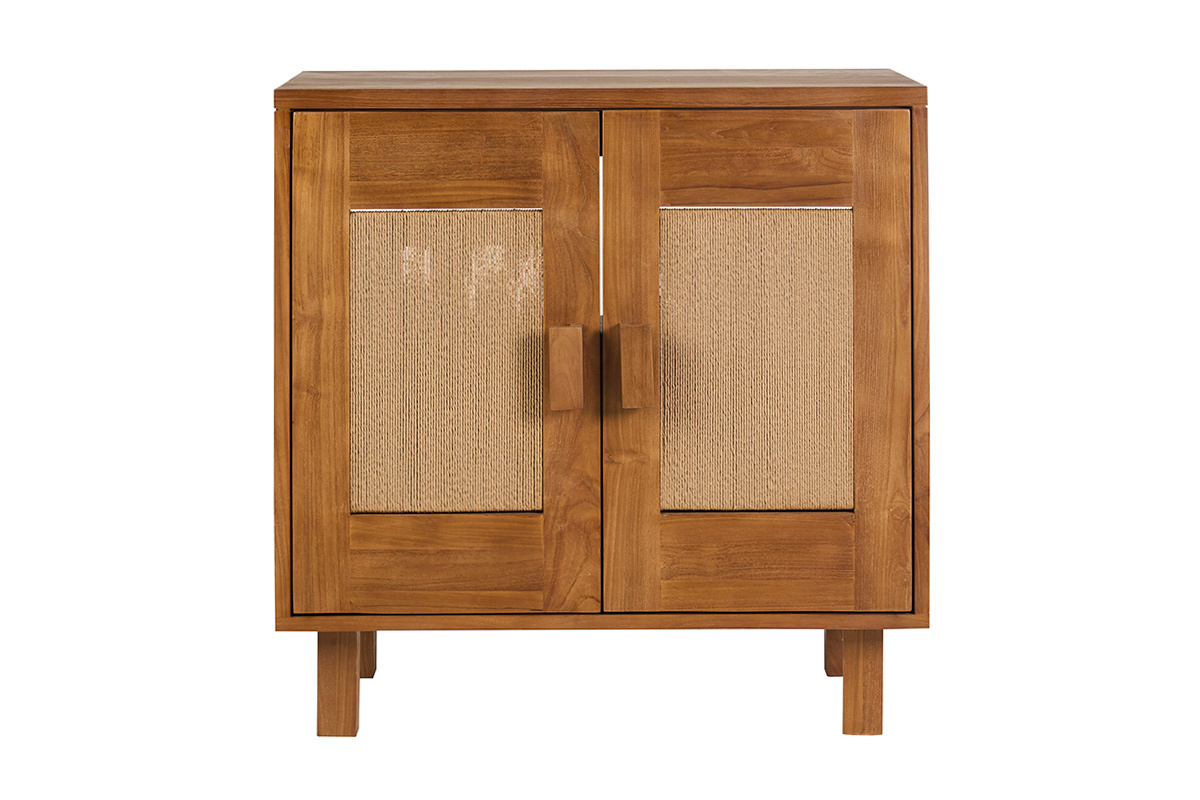 Mobile da bagno in legno massello di teak con ante in corda intrecciata, vista frontale.