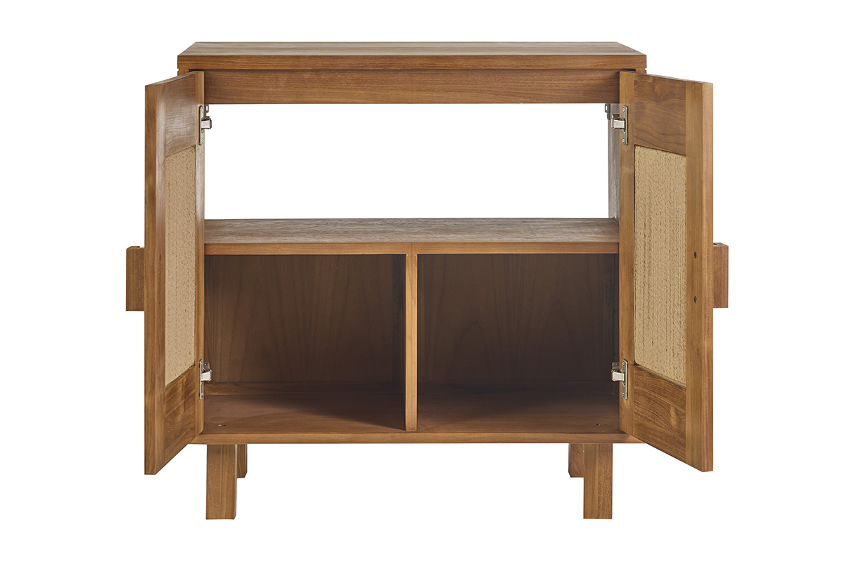 Mobile da bagno in legno massello di teak con ante in corda intrecciata, vista frontale.