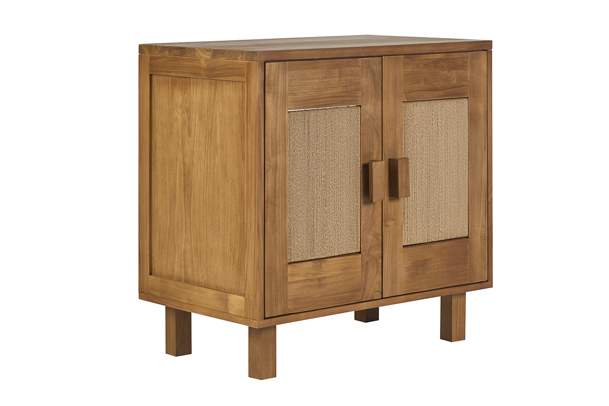 Mobile da bagno in legno di teak massiccio e corda intrecciata, vista a 3/4, L80 cm, modello MOSSA.