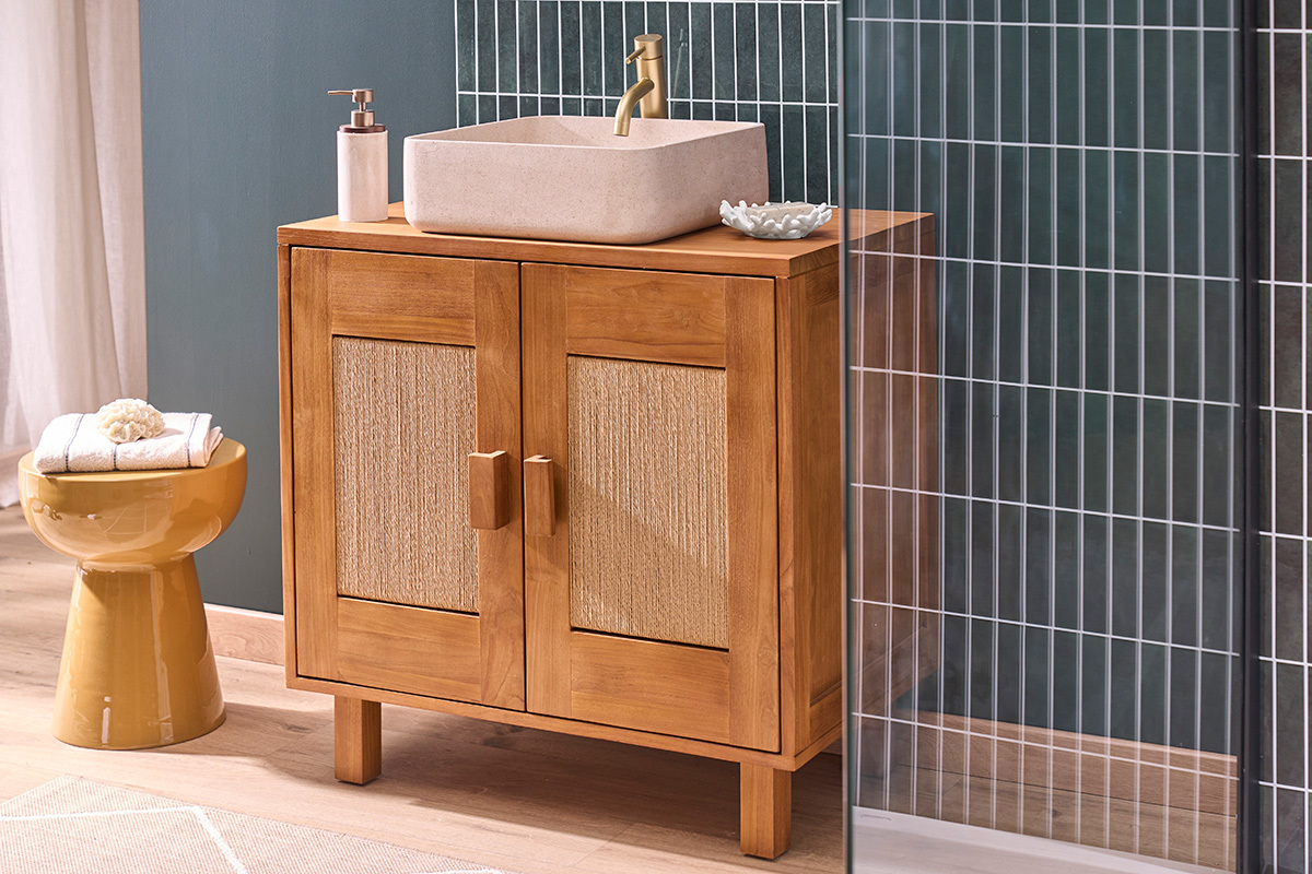 Mobiletto da bagno in legno teak massello e corda intrecciata L80 cm MOSSA