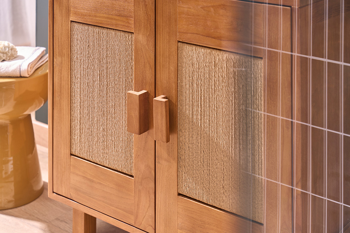 Mobiletto da bagno in legno teak massello e corda intrecciata L80 cm MOSSA