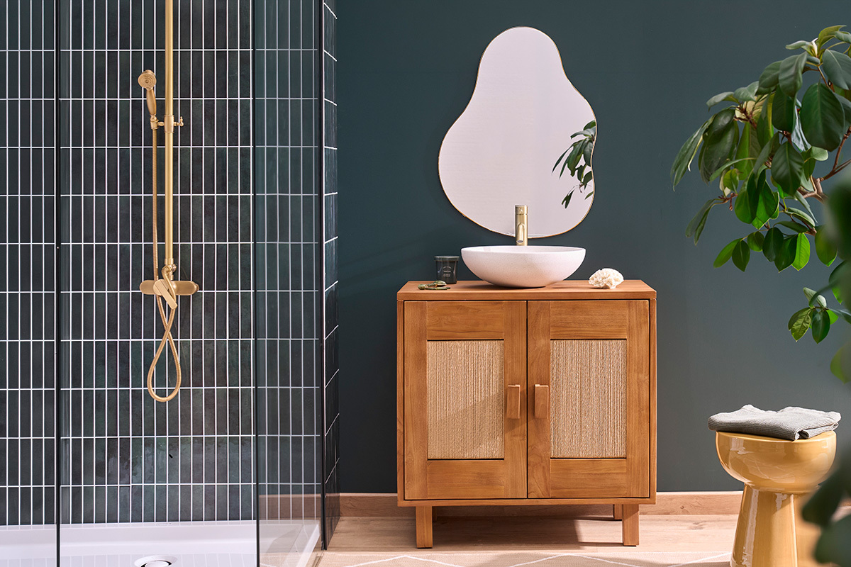 Mobiletto da bagno in legno teak massello e corda intrecciata L80 cm MOSSA