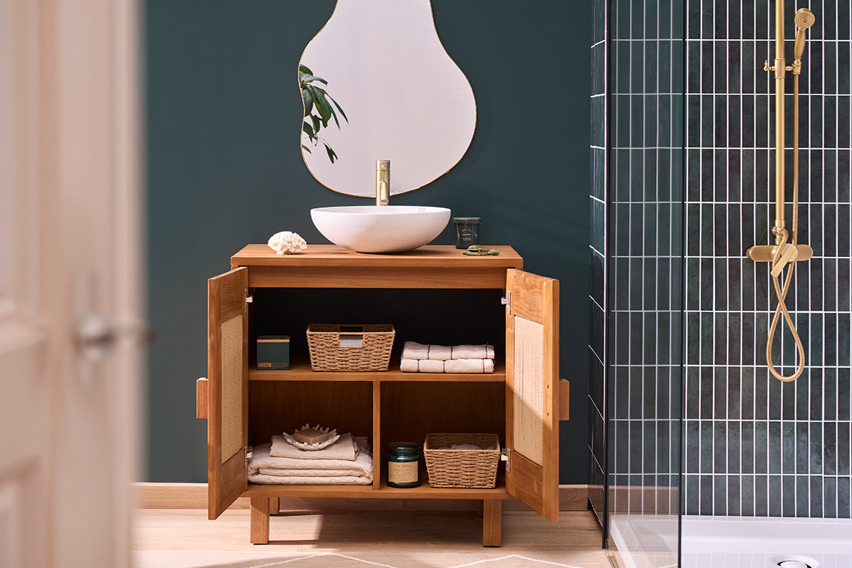 Mobiletto da bagno in legno teak massello e corda intrecciata L80 cm MOSSA