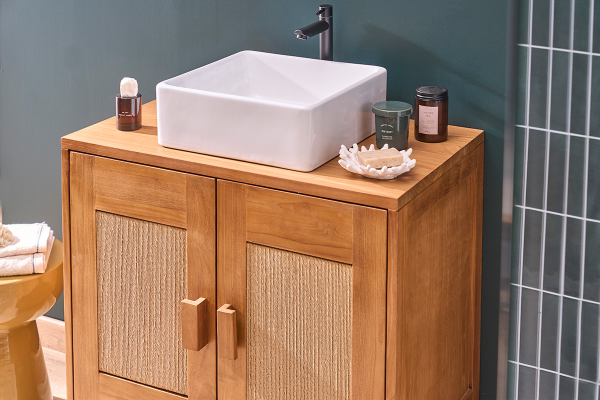 Mobiletto da bagno in legno teak massello e corda intrecciata L80 cm MOSSA