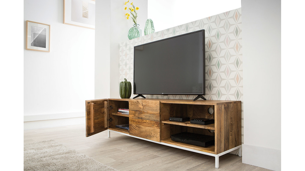 Mobiletto TV design in legno di mango e metallo bianco 145 cm BOHO