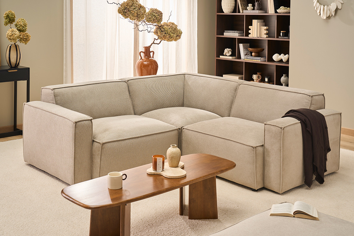 Modulo angolare centrale per divano in tessuto ciniglia testurato beige SPLIT