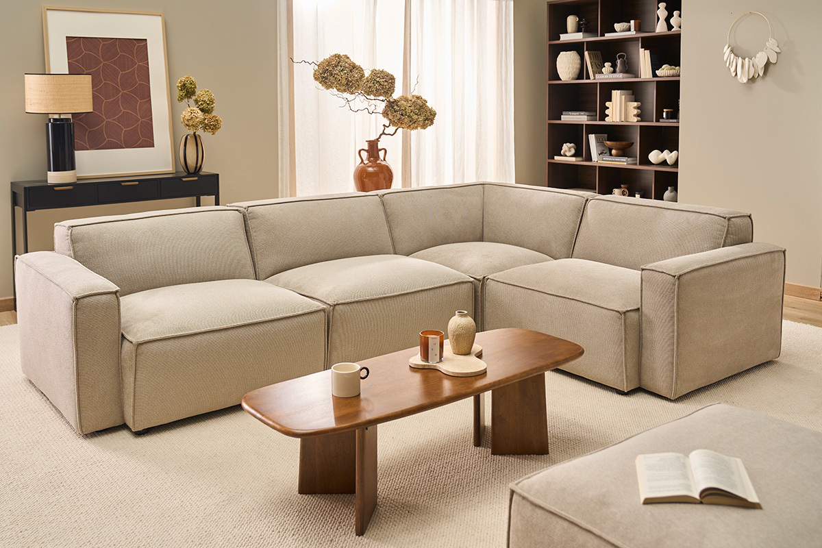 Modulo angolare centrale per divano in tessuto ciniglia testurato beige SPLIT