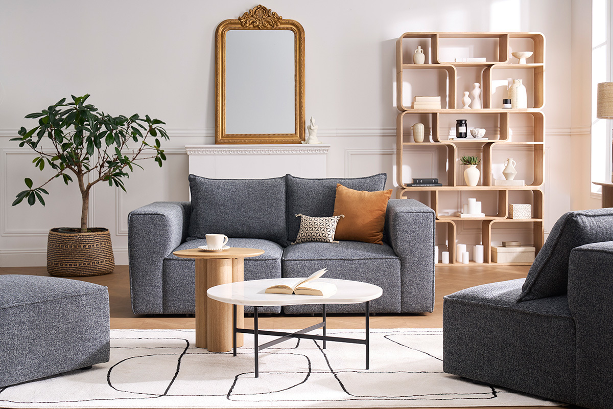 Modulo angolare destro KERRY in tessuto beige in un soggiorno moderno