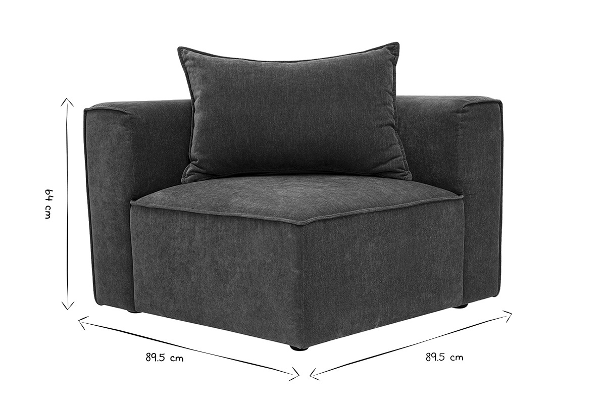 Modulo angolare sinistro per divano, dimensioni in bianco e nero: L89,5 x P89,5 x H64 cm.