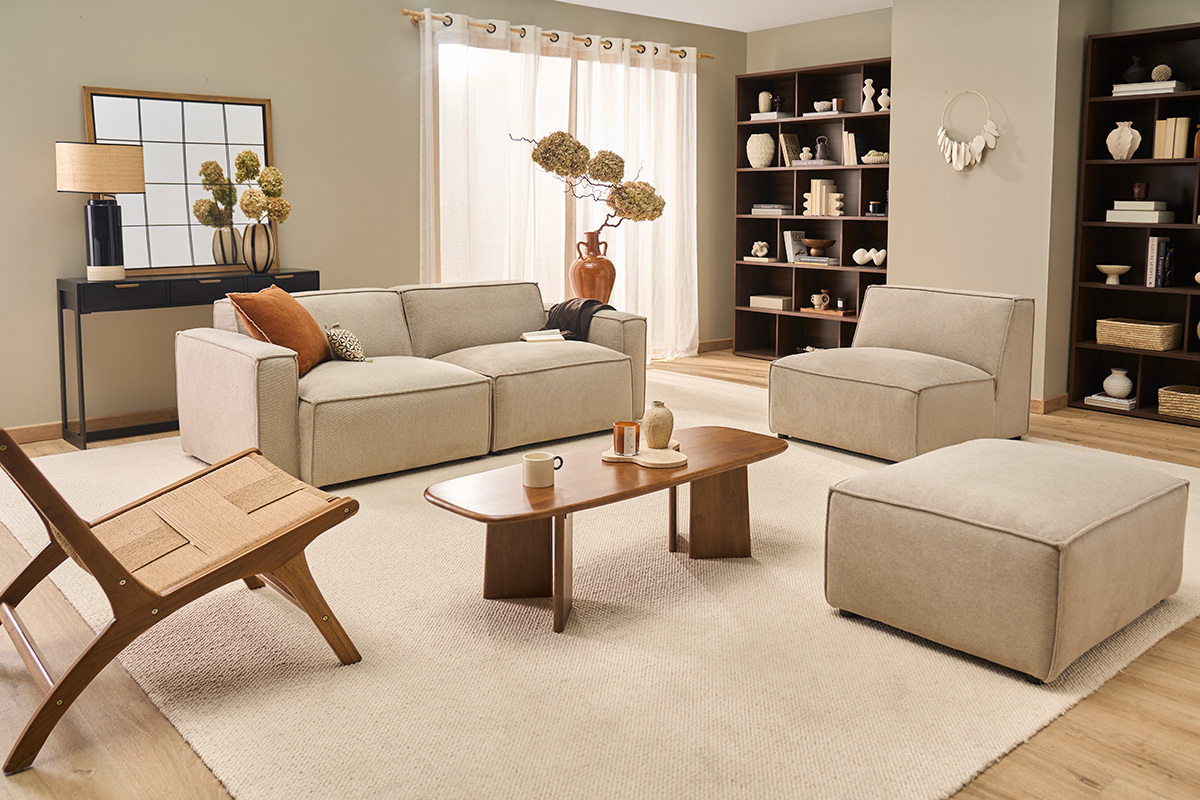 Modulo centrale per divano in tessuto ciniglia texturizzato beige SPLIT