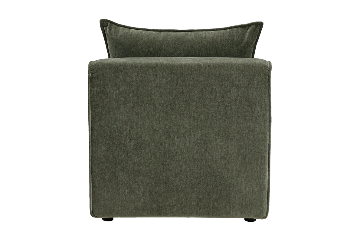 Modulo destro KERRY in tessuto effetto velluto verde kaki, vista posteriore, con cuscino decorativo.