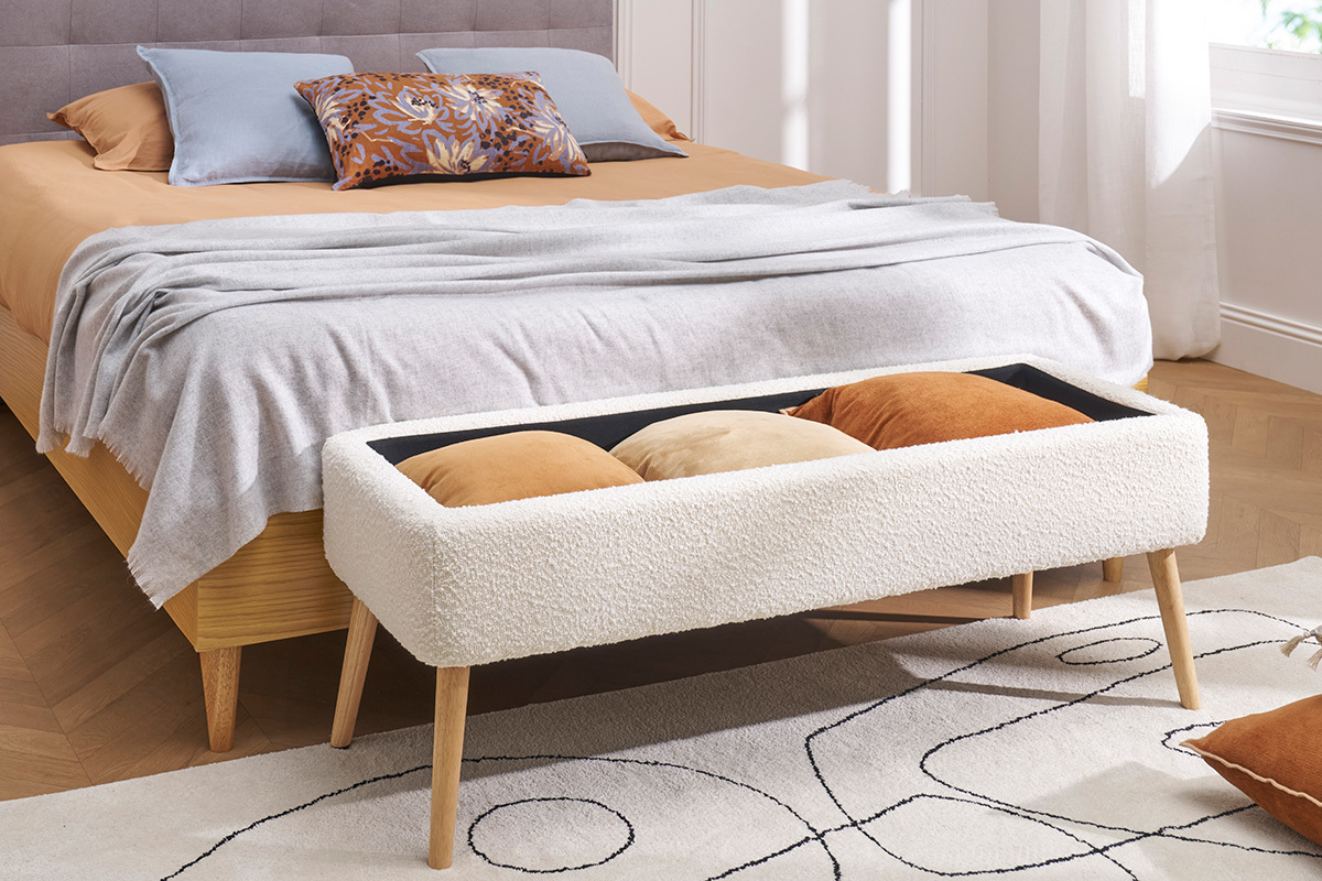 Panca contenitore effetto lana boucle bianca e legno chiaro massello L120 cm LARS