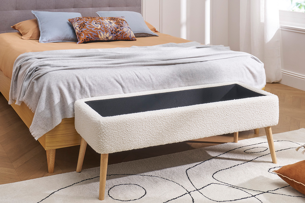 Panca contenitore effetto lana boucle bianca e legno chiaro massello L120 cm LARS