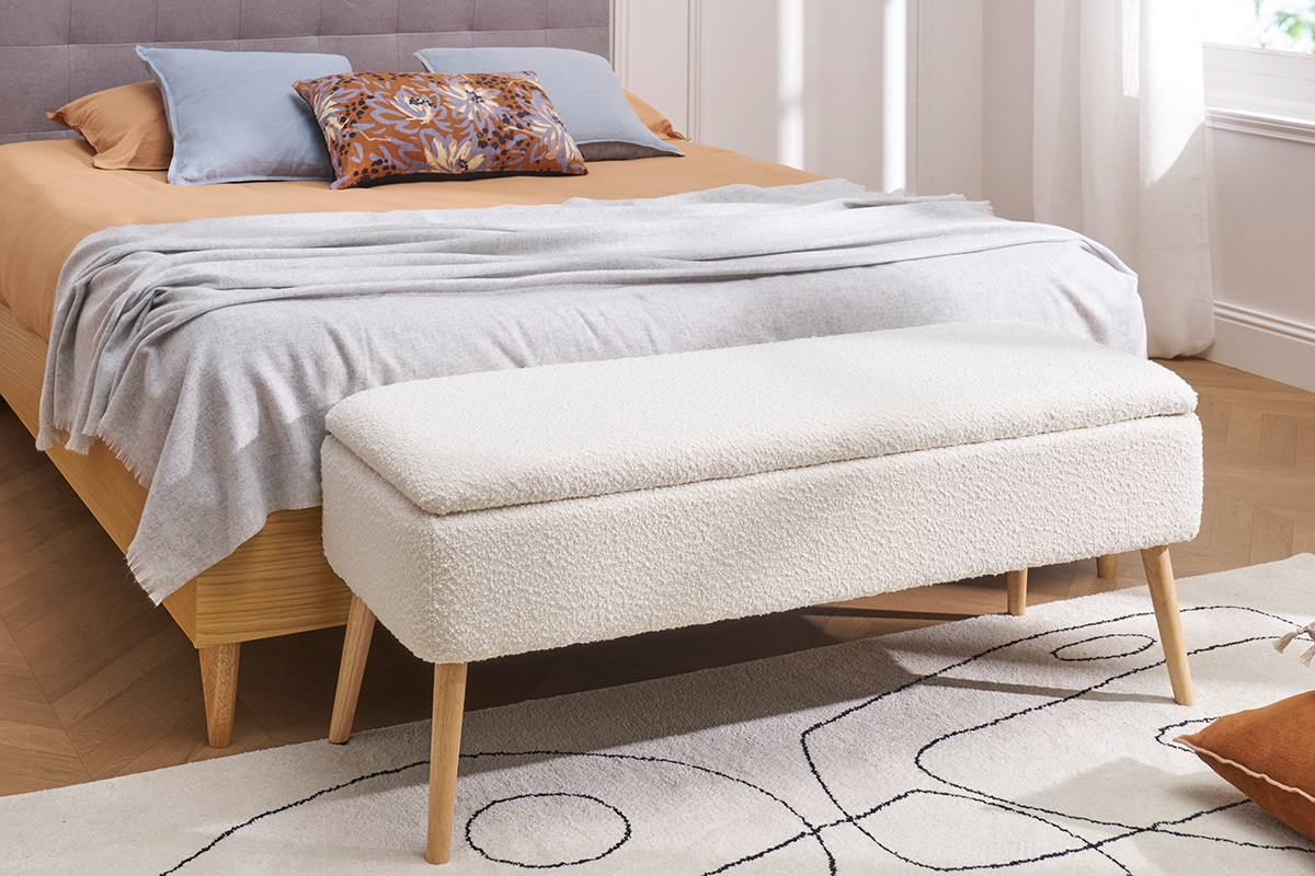 Panca contenitore effetto lana boucle bianca e legno chiaro massello L120 cm LARS