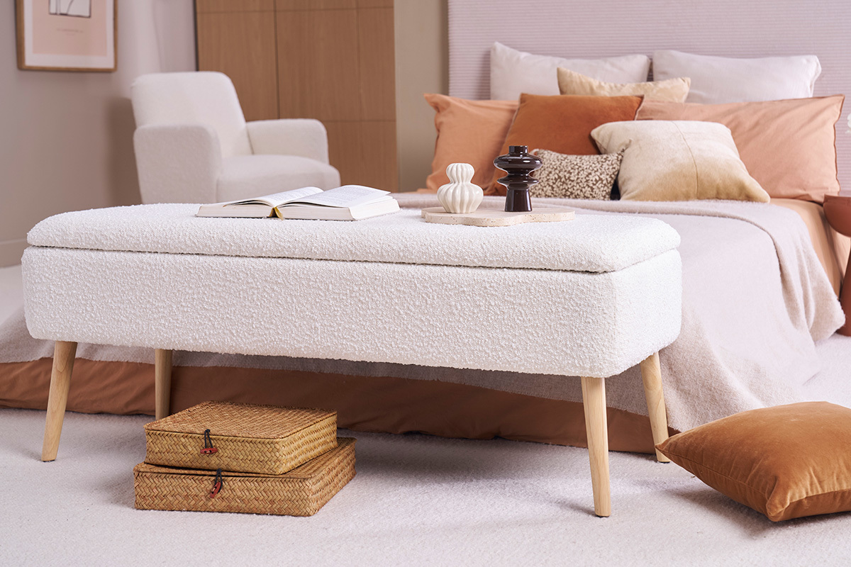 Panca contenitore effetto lana boucle bianca e legno chiaro massello L120 cm LARS