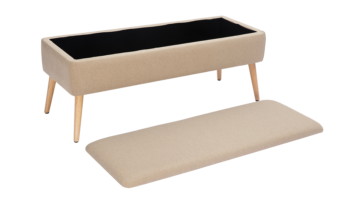 Panca contenitore in tessuto beige e legno chiaro LARS